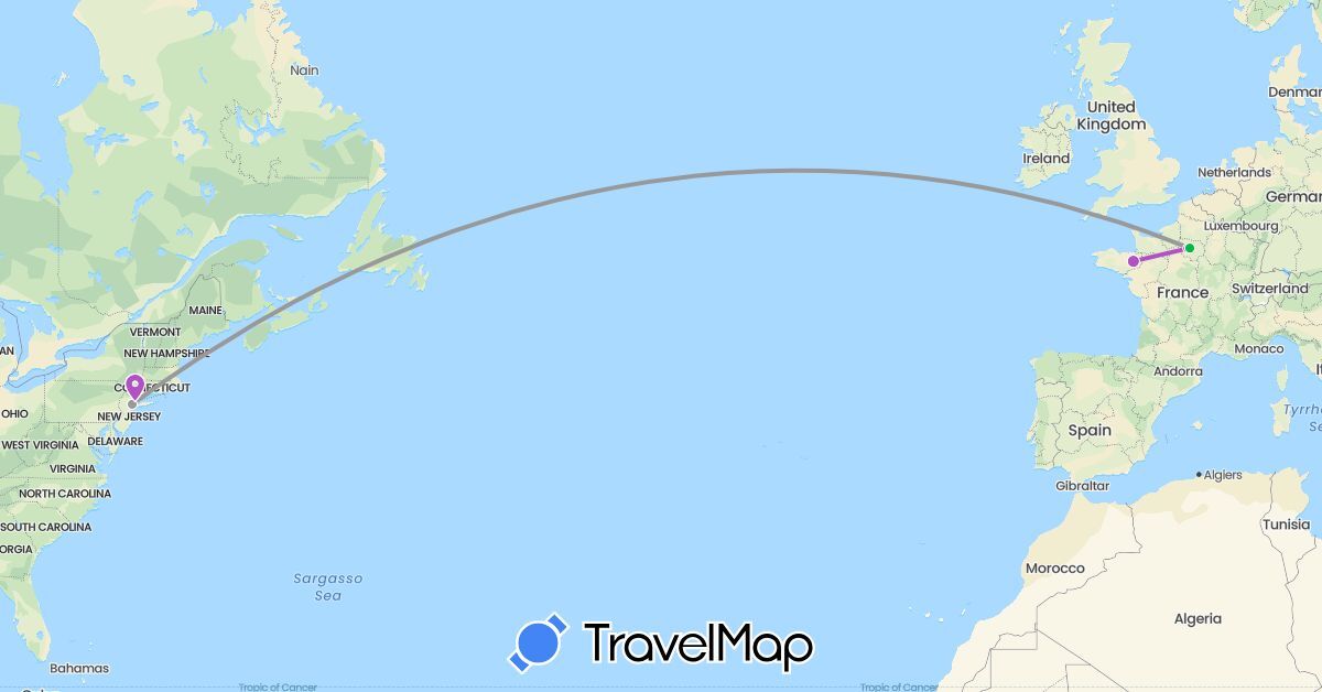TravelMap itinerary: bus, plane, train in France, United States (Europe, North America)